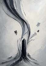 Graphite Museum abstract line artwork print featuring cascading graphite lines surrounding a bold vertical form in refined monochrome tones for elegant interiors