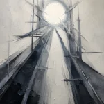 Graphite Museum abstract line artwork print featuring intersecting graphite structures surrounding a luminous circular focal point in elegant monochrome tones for refined interiors