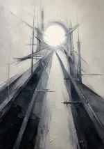 Graphite Museum abstract line artwork print featuring intersecting graphite structures surrounding a luminous circular focal point in elegant monochrome tones for refined interiors