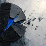 Silver & Cobalt black and white abstract art print featuring a fractured circular form with subtle cobalt accents and refined monochrome tones for elegant interiors
