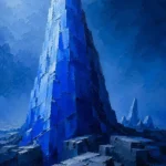 Cobalt Editorial blue abstract art print featuring a towering geometric monolith in layered cobalt and navy tones for sophisticated contemporary interiors