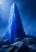 Cobalt Editorial blue abstract art print featuring a towering geometric monolith in layered cobalt and navy tones for sophisticated contemporary interiors