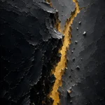 Charcoal and gold black abstract art print featuring a dramatic fractured composition with a luminous golden fissure for elegant interiors