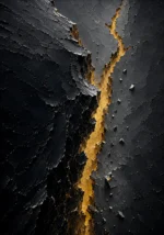Charcoal and gold black abstract art print featuring a dramatic fractured composition with a luminous golden fissure for elegant interiors