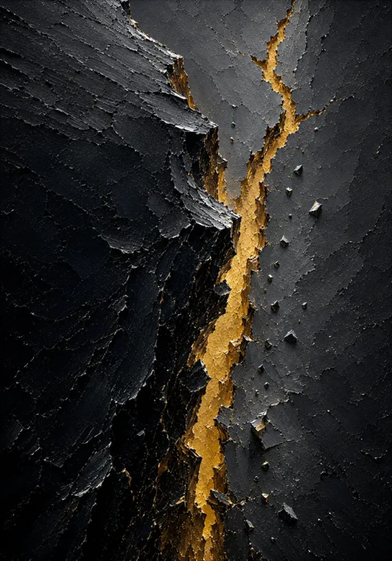 Auric Fault Black Abstract Art Charcoal & Gold Art Print
