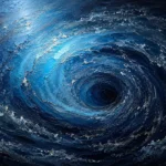 Prussian Night abstract ocean painting print featuring a dramatic ocean whirlpool with layered blue currents for elegant interiors