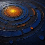 Ochre and navy circle abstract art print featuring layered concentric circular forms with radiant golden highlights for sophisticated interiors
