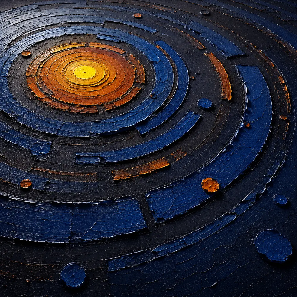 Cobalt Resonance Circle Abstract Art Ochre & Navy Art Print