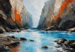 Arctic blue and rust abstract beach art print featuring a tranquil coastal inlet framed by layered rock formations for elegant interiors