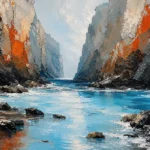 Arctic blue and rust abstract beach art print featuring a tranquil coastal inlet framed by layered rock formations for elegant interiors