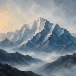 Dusty blue abstract mountain painting featuring layered peaks and misty valley tones for elegant contemporary interiors