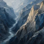 Dusty blue abstract mountain painting featuring a deep ravine, layered cliffs, and atmospheric peaks for elegant interiors
