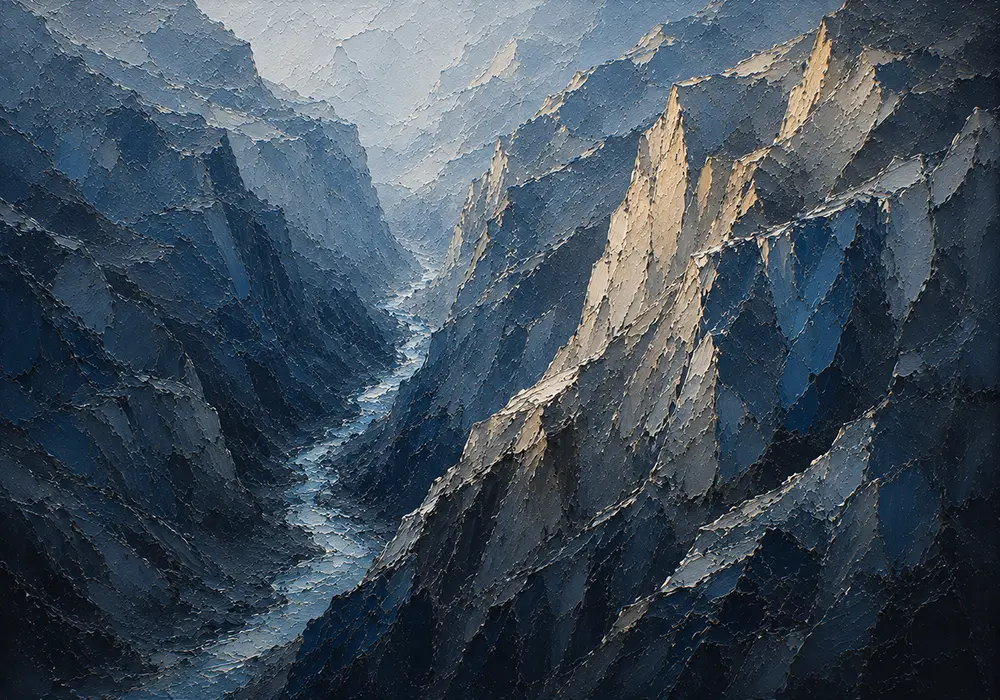 Cobalt Ravine Abstract Mountain Painting Dusty Blue Gallery Art Print