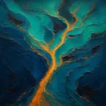 Peacock blue and green abstract art print featuring fluid layered forms, teal currents, and gold accents for elegant interiors