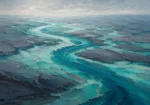 Sea glass abstract coastal art print featuring winding estuary channels, turquoise waters, and layered coastal textures for elegant interiors