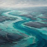 Sea glass abstract coastal art print featuring winding estuary channels, turquoise waters, and layered coastal textures for elegant interiors