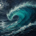 Sea glass abstract coastal art print featuring a curling wave, turquoise highlights, and deep ocean tones for elegant interiors