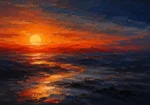 Burnt orange and navy abstract sunset painting print featuring glowing horizon light and layered sky tones for elegant interiors