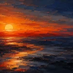 Burnt orange and navy abstract sunset painting print featuring glowing horizon light and layered sky tones for elegant interiors