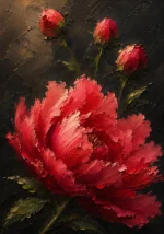 Rose and olive abstract floral wall art print featuring a crimson bloom, layered petals, and elegant botanical forms for interiors