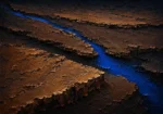 Brown abstract wall art print featuring layered walnut strata, cobalt blue fissures, and textured surfaces for elegant interiors