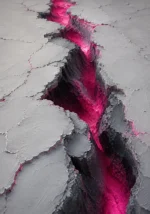 White abstract wall art print featuring fractured pale forms, graphite shadows, and rose center accents for elegant interiors