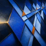 Geometric abstract wall art print featuring angular diamond forms, cobalt blue layers, and ochre accents for elegant interiors