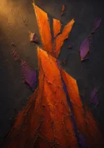 Textured abstract wall art print featuring copper rising forms, plum accents, and layered surfaces for elegant interiors