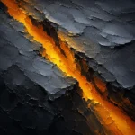 Amber and charcoal yellow abstract art print featuring a glowing fissure through fractured graphite forms for elegant interiors