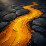 Golden yellow abstract art print featuring a flowing pigment ribbon through dark rounded forms for elegant interiors