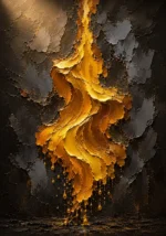 Gold abstract wall art print featuring cascading golden ribbons through charcoal planes for elegant interiors
