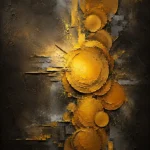 Gold abstract wall art print featuring geometric golden discs and angular fragments in a smoky field for elegant interiors