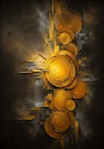 Gold abstract wall art print featuring geometric golden discs and angular fragments in a smoky field for elegant interiors