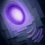 Lilac and slate abstract pastel artwork print featuring a glowing violet aperture and layered geometric forms for elegant interiors