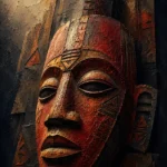 Rust red abstract african artwork print featuring a carved ceremonial mask with earthy tones for elegant interiors
