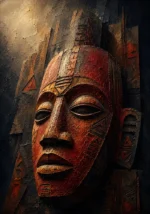 Rust red abstract african artwork print featuring a carved ceremonial mask with earthy tones for elegant interiors