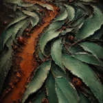 Green abstract botanical wall art print featuring flowing eucalyptus leaves with clay accents for elegant interiors