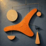 Apricot mid century modern abstract art print featuring a geometric mobile with peach and slate tones for elegant interiors