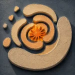 Apricot mid century modern abstract art print featuring layered biomorphic terraces and starburst center for elegant interiors