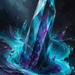 Glacier blue crystal fluid abstract framed art print featuring a luminous prism form with cyan liquid movement, icy aqua highlights, and plum reflections for elegant interiors