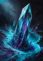 Glacier blue crystal fluid abstract framed art print featuring a luminous prism form with cyan liquid movement, icy aqua highlights, and plum reflections for elegant interiors
