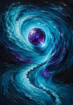 Glacier blue crystal fluid abstract framed art print featuring a luminous cyan vortex with a suspended plum crystal sphere and flowing abstract currents for elegant interiors