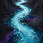 Glacier blue crystal fluid abstract framed art print featuring a frozen crystalline river with cyan currents, dark mineral banks, and plum reflections for elegant interiors