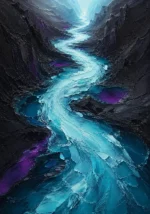 Glacier blue crystal fluid abstract framed art print featuring a frozen crystalline river with cyan currents, dark mineral banks, and plum reflections for elegant interiors
