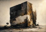 Espresso black white and brown abstract art print featuring a weathered monolith with umber layers, bronze mineral accents, and pale textured highlights for elegant interiors