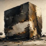 Espresso black white and brown abstract art print featuring a weathered monolith with umber layers, bronze mineral accents, and pale textured highlights for elegant interiors
