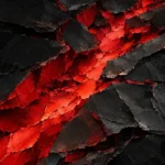 Crimson red and black abstract art print featuring a glowing fissure between dark mineral forms with layered red pigment and dramatic contrast for elegant interiors