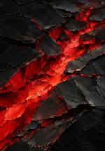 Crimson red and black abstract art print featuring a glowing fissure between dark mineral forms with layered red pigment and dramatic contrast for elegant interiors