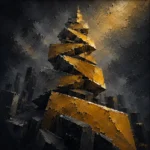 Charcoal and gold black and gold abstract wall art print featuring ascending golden geometric forms with layered painterly textures for elegant interiors
