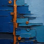 Sapphire and copper blue and gold abstract art print featuring geometric blue terraces and metallic accents for elegant interiors